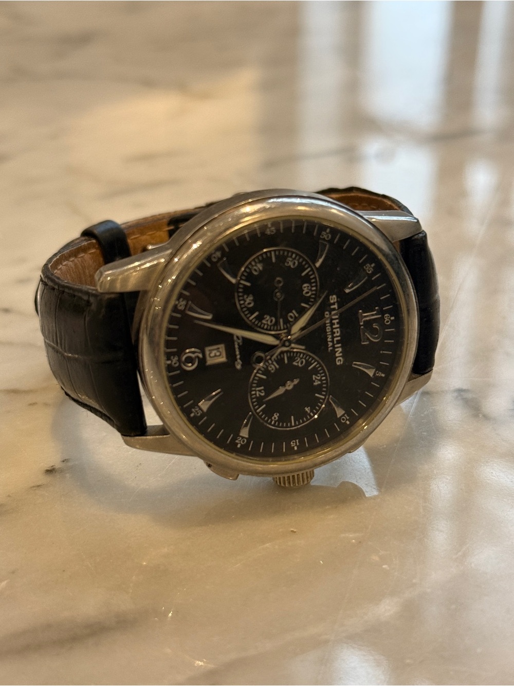 STÜHRLING Stainless Steel Chronograph Watch Black Dial Leather Strap